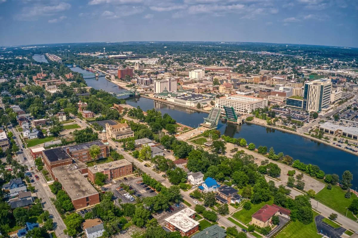 Aerial view of downtown Joliet and the river